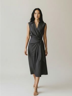 Worthington Charcoal Gray Sleeveless Wrap Midi Dress with Knot Waist